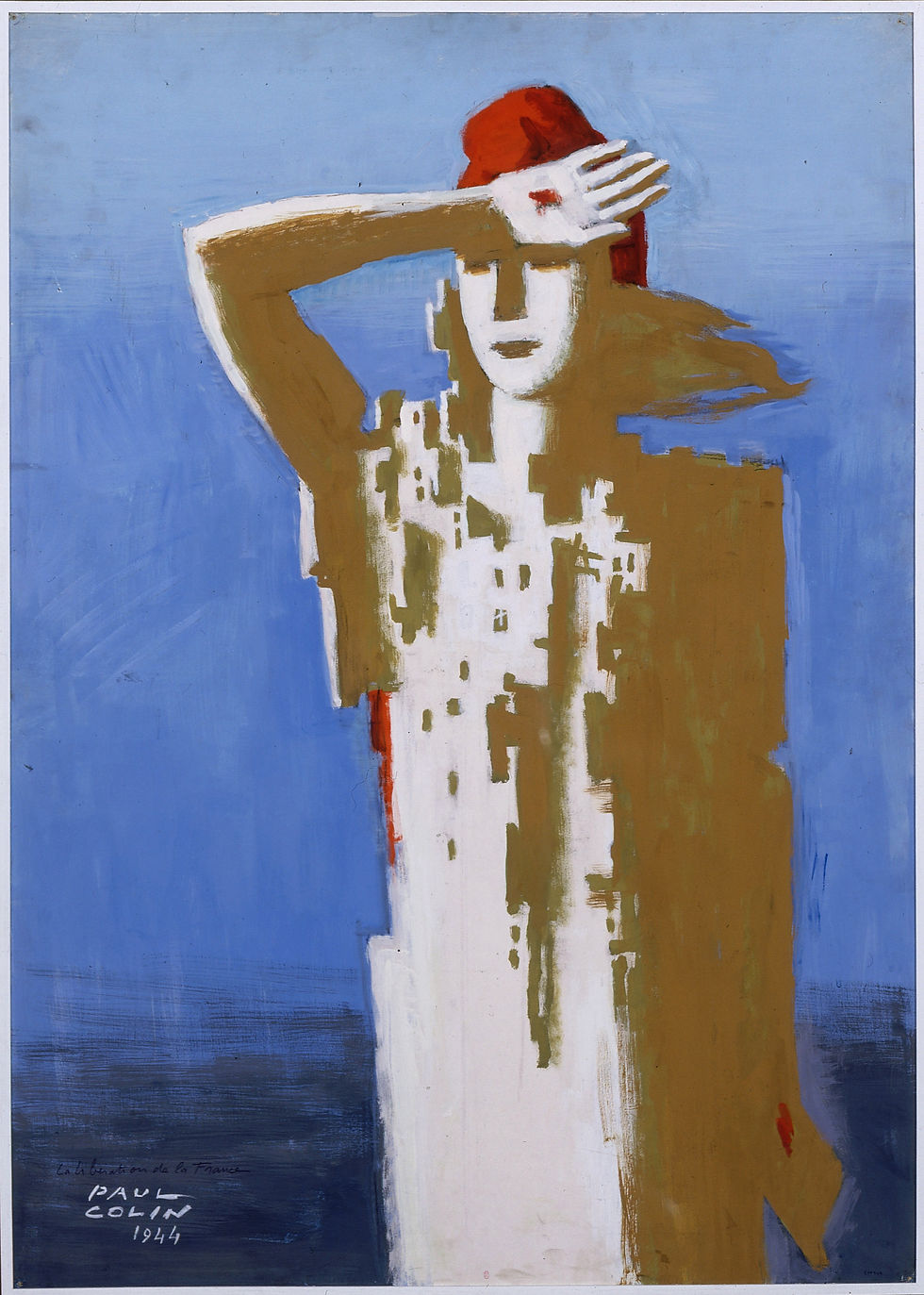 Image of Marianne (the allegorical representation of France) holding her hand over her face to shield her eyes.