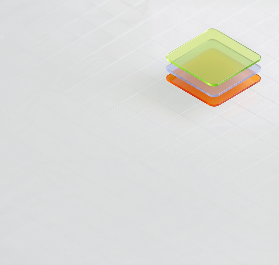 Stacked translucent green, orange, and purple squares