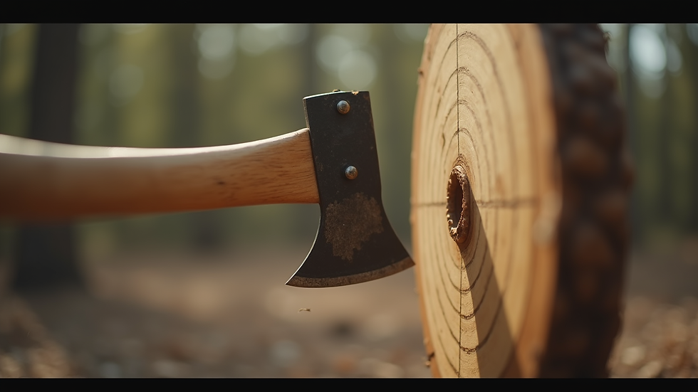 Close-up view of axe mid-air flying towards wooden target