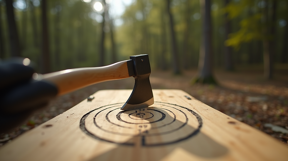 Eye-level view of an axe embedded in a wooden target board