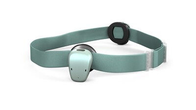 Aqua-colored smart headband with attached BAHA on a white background. Simple design, no text.