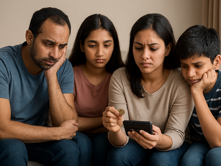 A family of four looks concerned, sitting on a couch. They focus on a phone held by a woman, who also holds a credit card. Mood is tense. they are discussing about the funding for cochlear implantation of their child