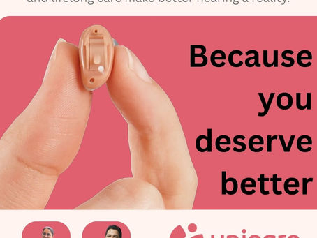 Hand holding a beige hearing aid on pink background, text reads "Unicare Speech and Hearing Clinic" and "Because you deserve better." Contact details and staff images included.