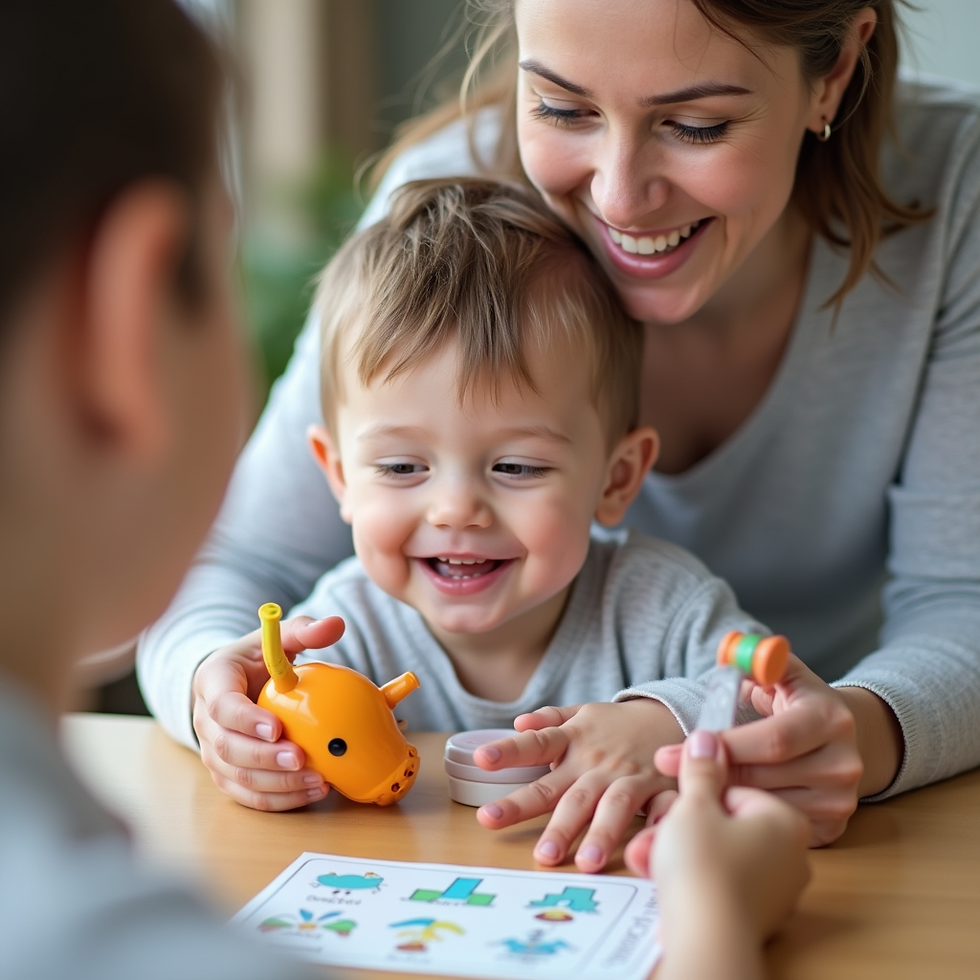 Smiling woman and toddler with cochlear implant play with toy pieces at a table during an AVT session, with a blurred adult in foreground and a picture card visible.