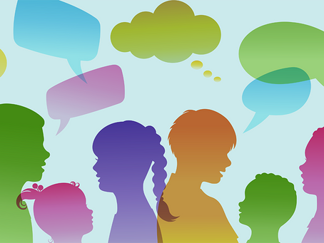Colorful silhouettes of children talking, with speech and thought bubbles of various sizes above them, set against a light blue background.