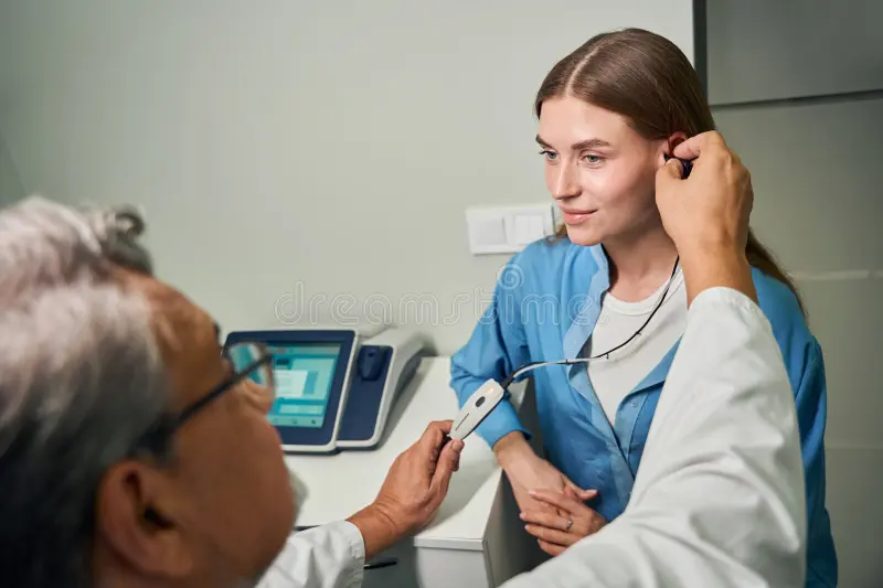 An audiologist performing tympanometry to a woman