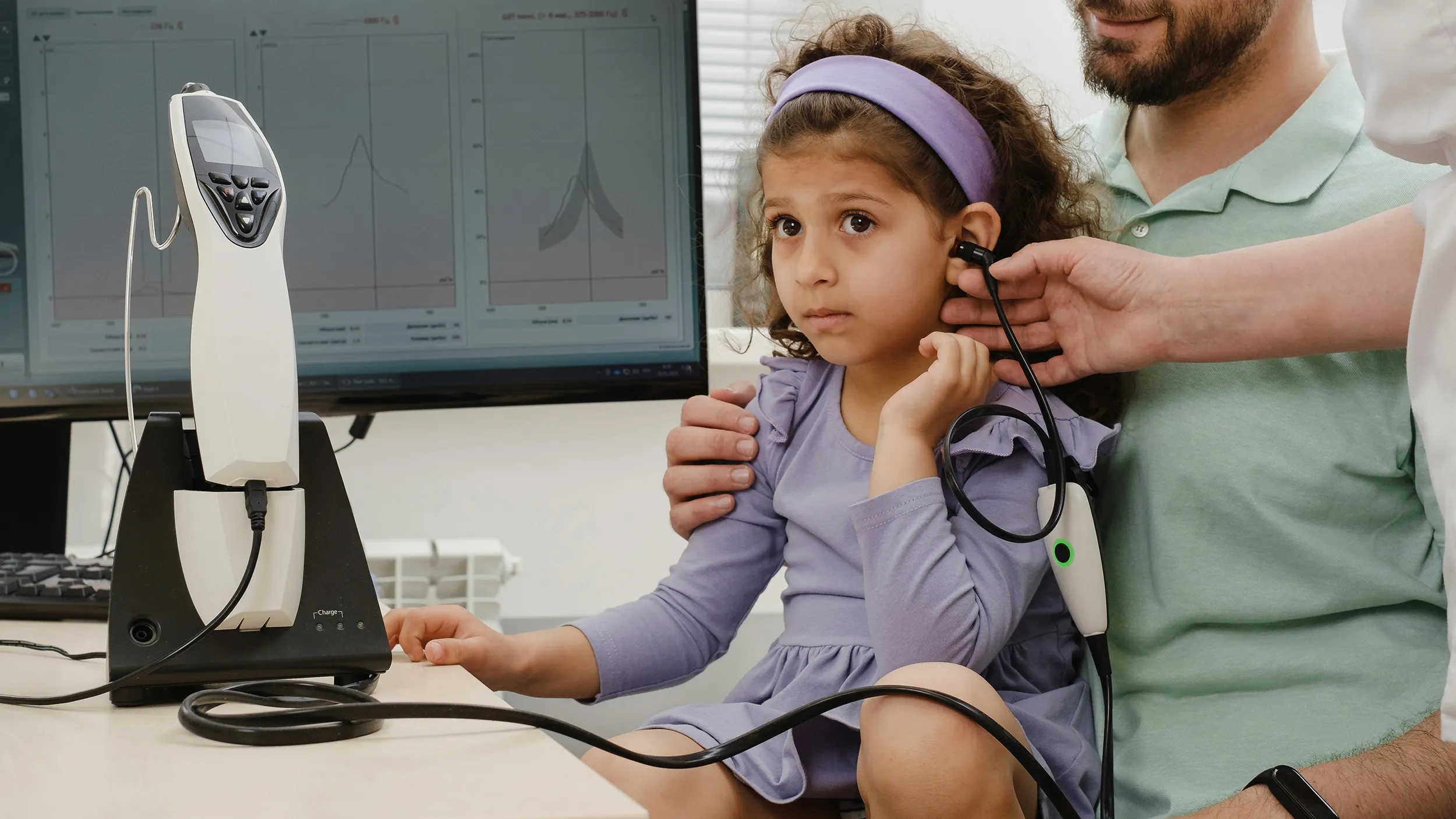 an audiologist performing tympanometry to a child