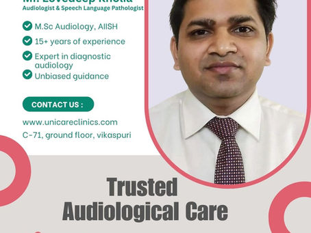 Man in a tie, with text promoting audiology services at unicare. Lists qualifications and contact info. Red and green accents.