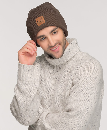 Male Model Wearing C.C Fall-Winter Trendy Brown Unisex Beanie with Logo