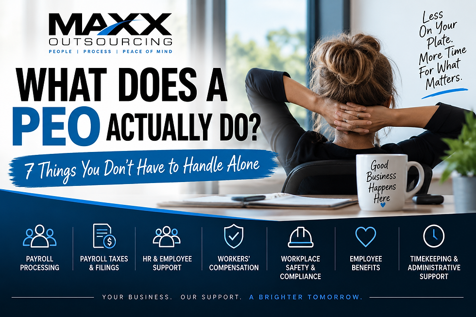 Maxx Outsourcing PEO services including payroll, HR, workers’ compensation, safety, benefits and timekeeping