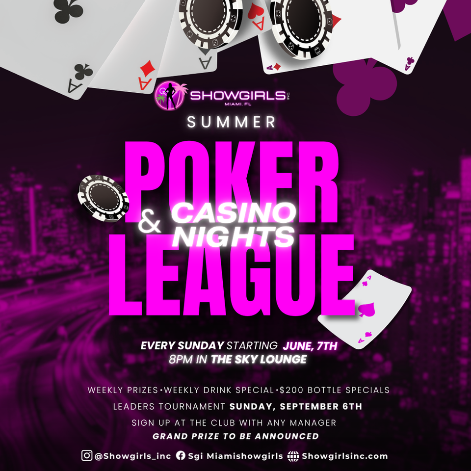 Poker night at Showgirls Inc in Miami featuring Texas Hold’em, cocktails, VIP lounge seating, nightlife entertainment