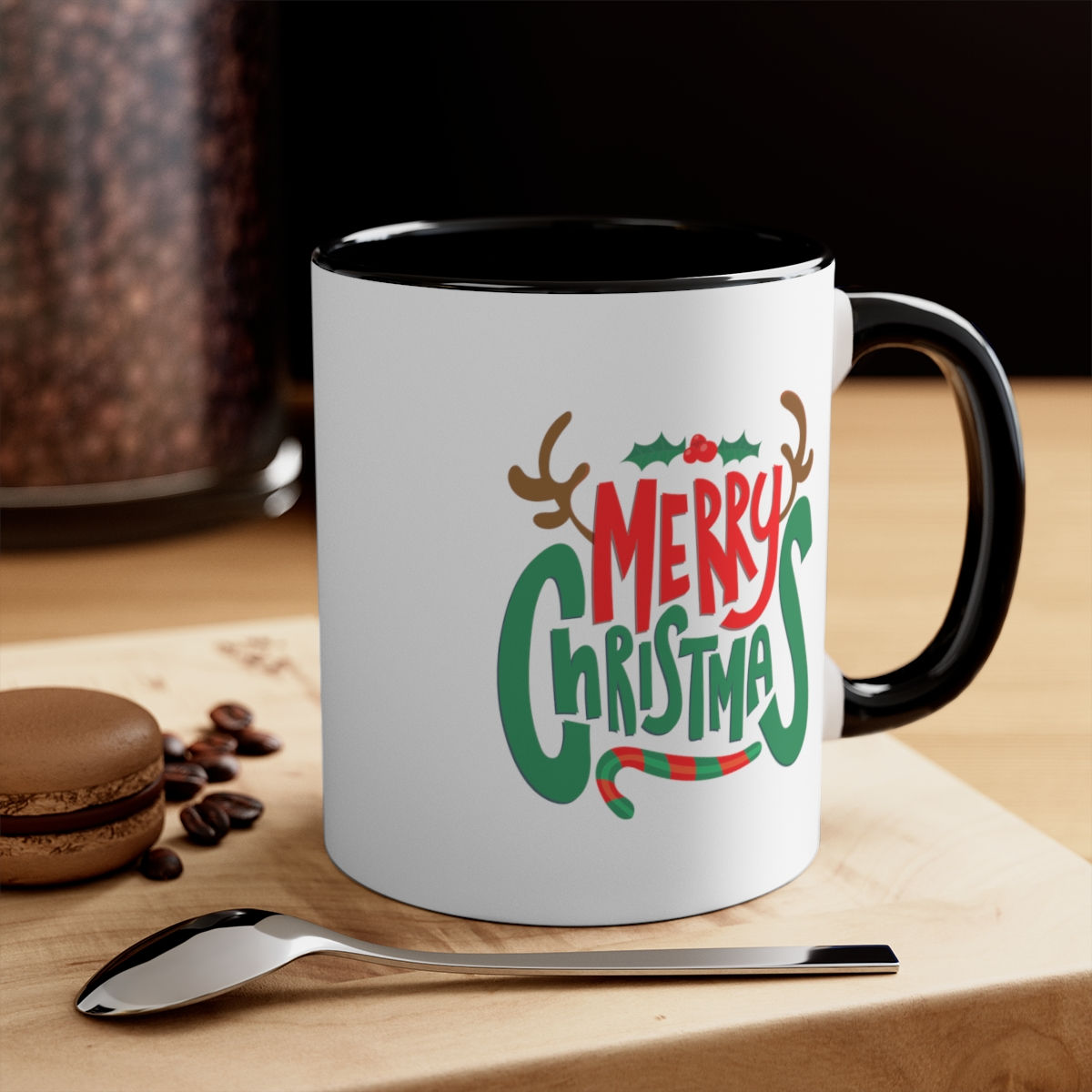 Merry Christmas Coffee Mug Colored Handle 11oz, Holiday Tea Mug, Gift For Her