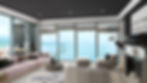 Modern living room with mauve sofa and modern armchairs. Large windows reveal ocean view. Black and