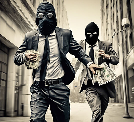a man with a robbers mask on a gun and a bag of money running from a bank. the bank is a building drawn up as a bullish market.jpg
