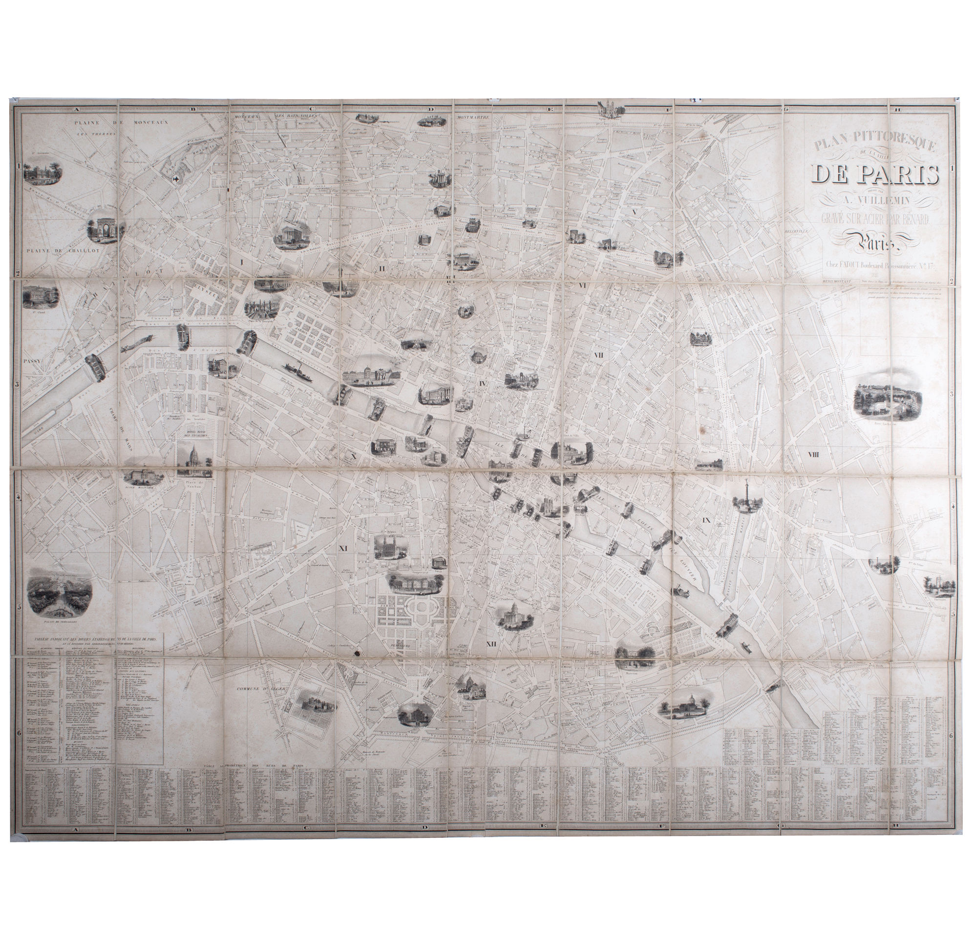 1840 LARGE FRENCH ANTIQUE MAP OF PARIS Fatout Vuillemin on linen