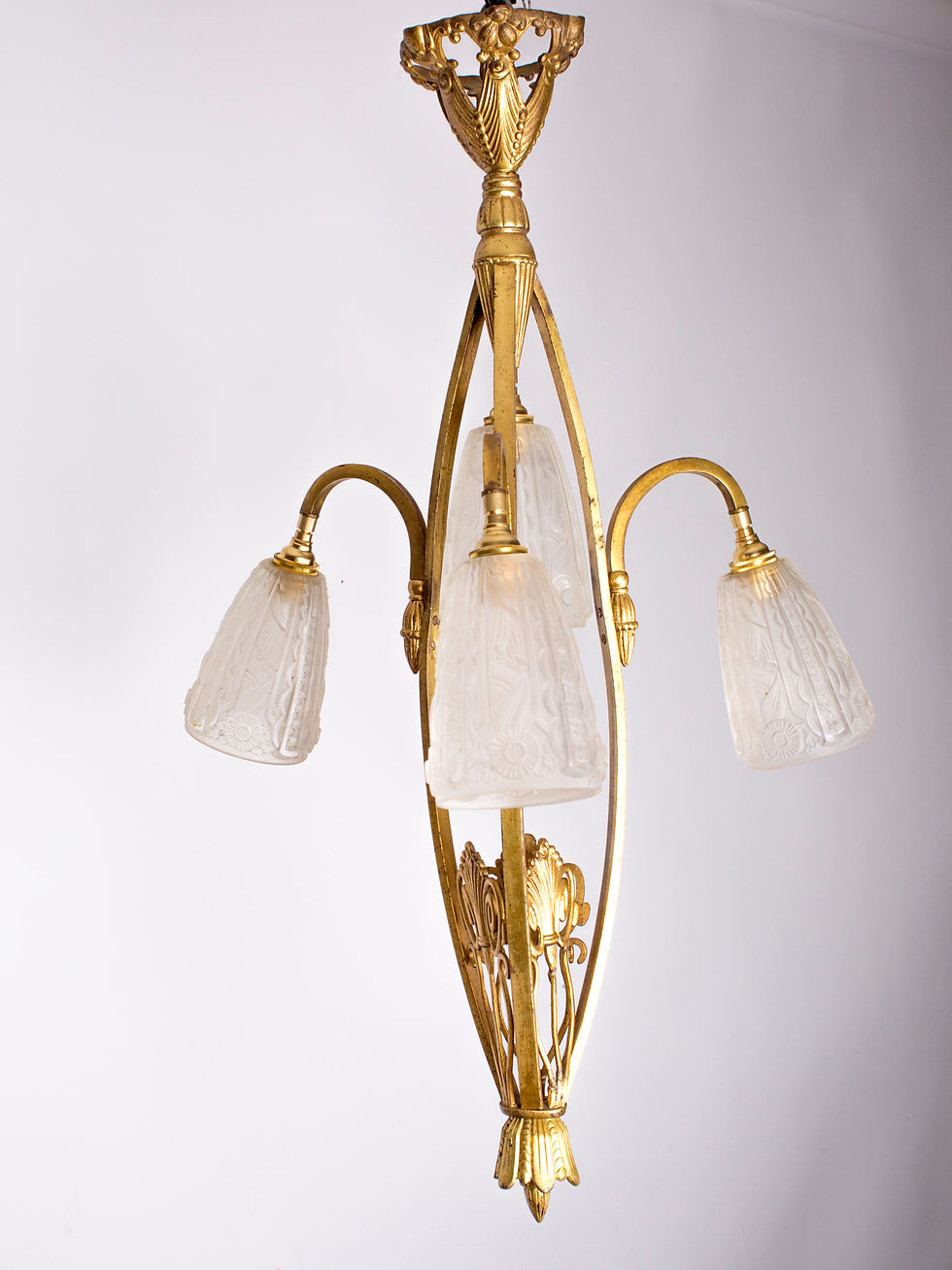 Thumbnail: FRENCH Art-Deco Chandelier  Muller gold leafed  pressed glass