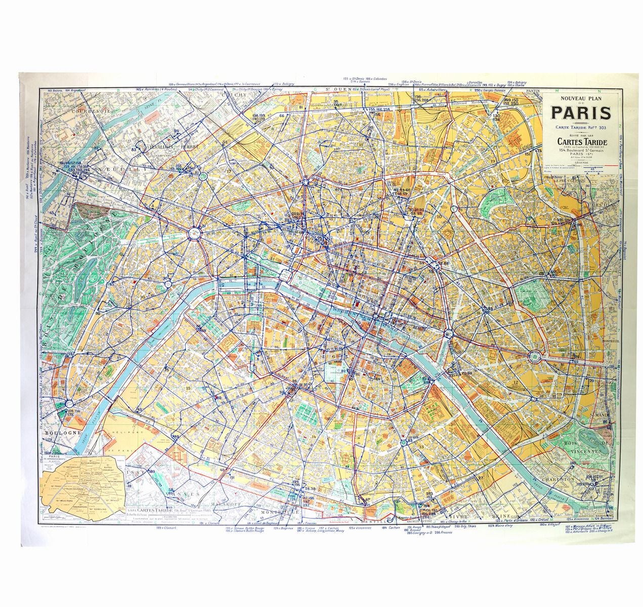 Paris bus stop map with numbered lines 1953 Tarride