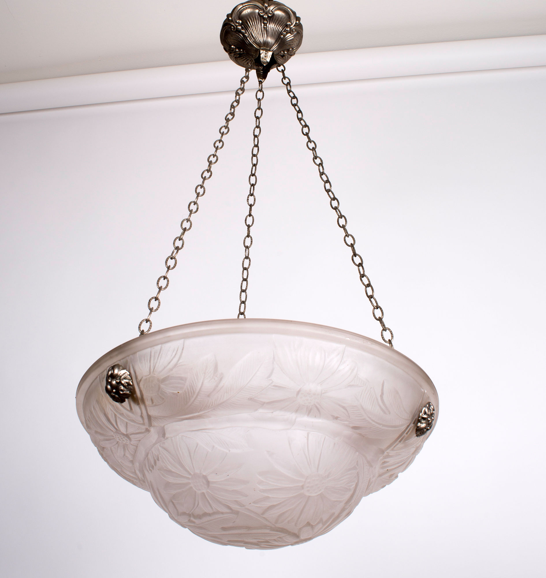 FRENCH ART DECO CHANDELIER  white GLASS VERDUN daisy motive