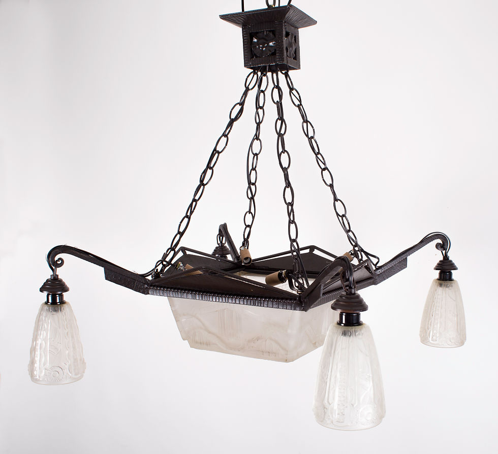Thumbnail: FRENCH ART DECO CHANDELIER MOLDED pressed GLASS MULLER LUNEVILLE 4 lights