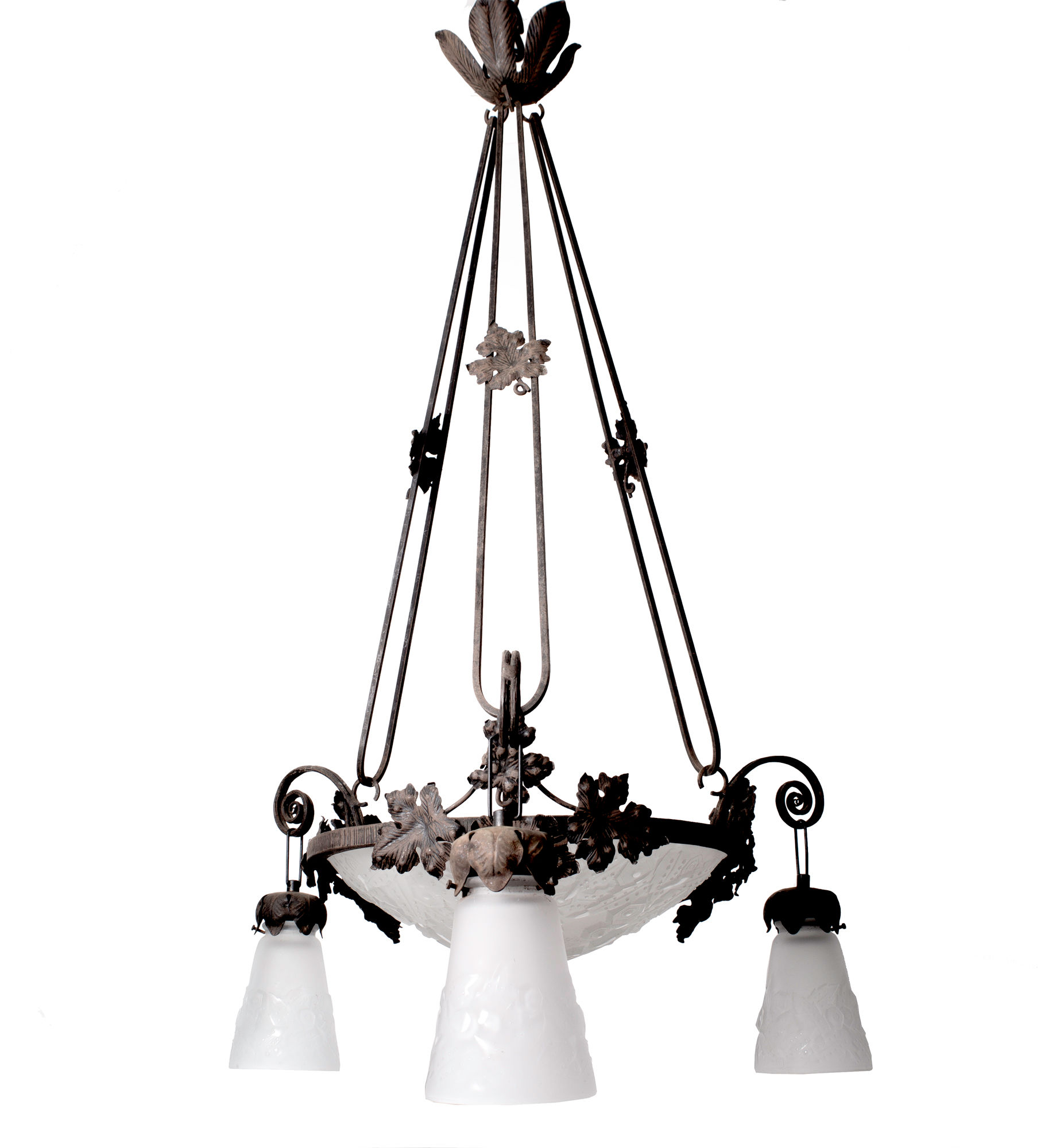 FRENCH ART DECO CHANDELIER GLASS MULLER Cubist brown metal