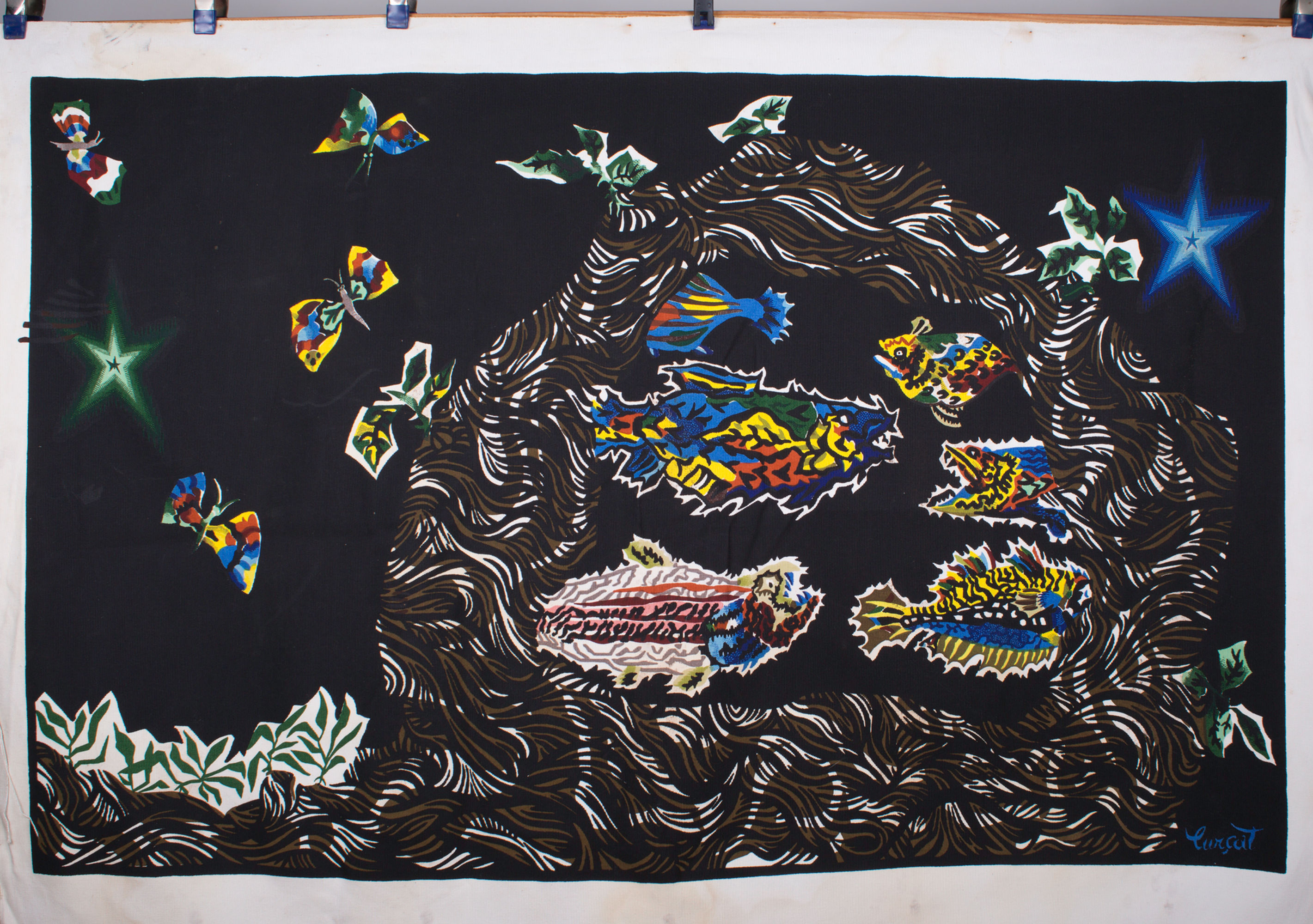 FRENCH silkscreen TAPESTRY JEAN Lurcat MODERNIST AUBUSSON congress of fish