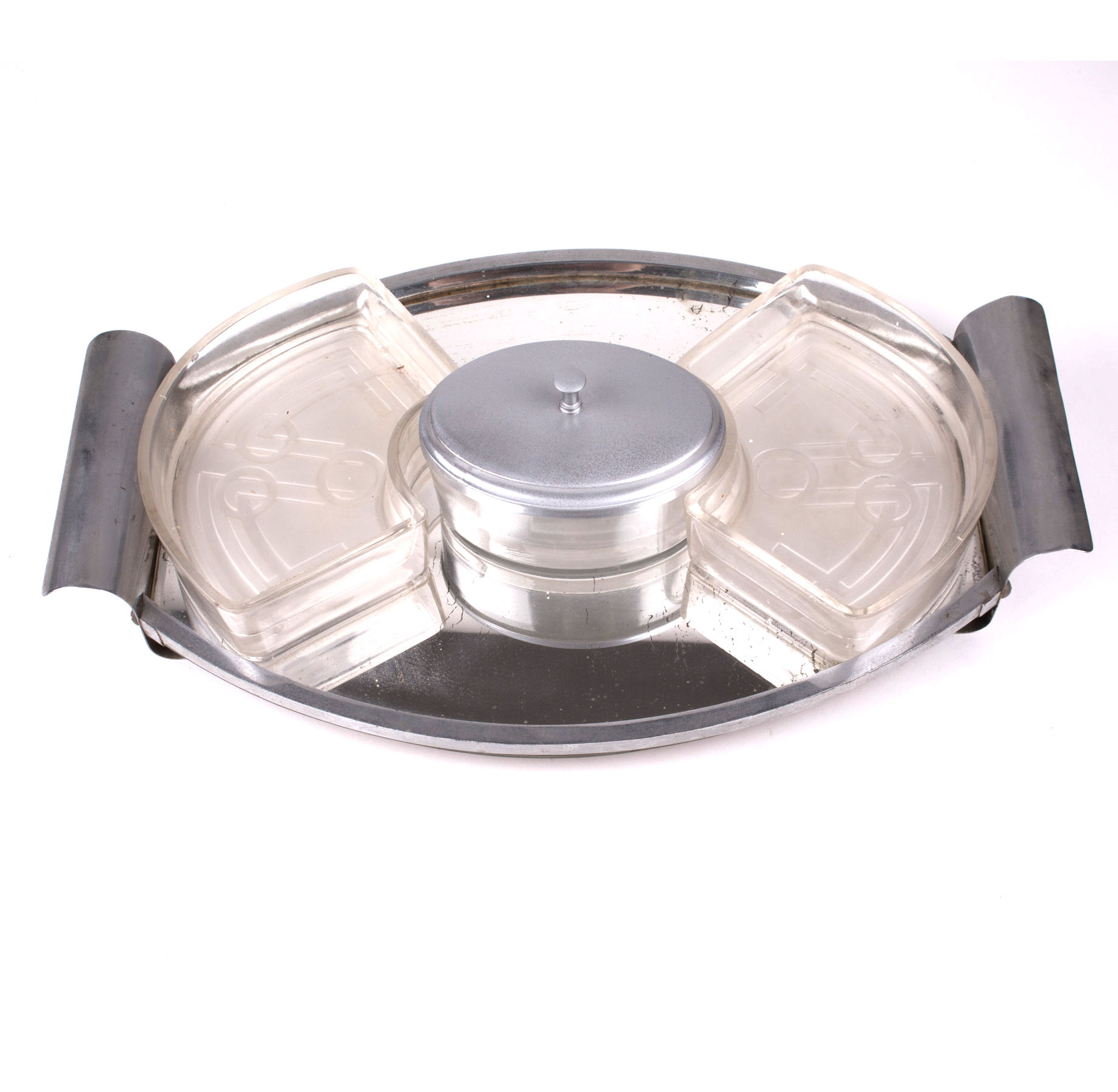French art deco Metal serving Tray with Glass compartments
