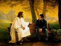 Jesus Cristo e um rapaz sentados em um banco de parque e conversando