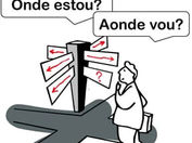 arte de um sujeito confuso diante de um monte de tabuletas de endereços