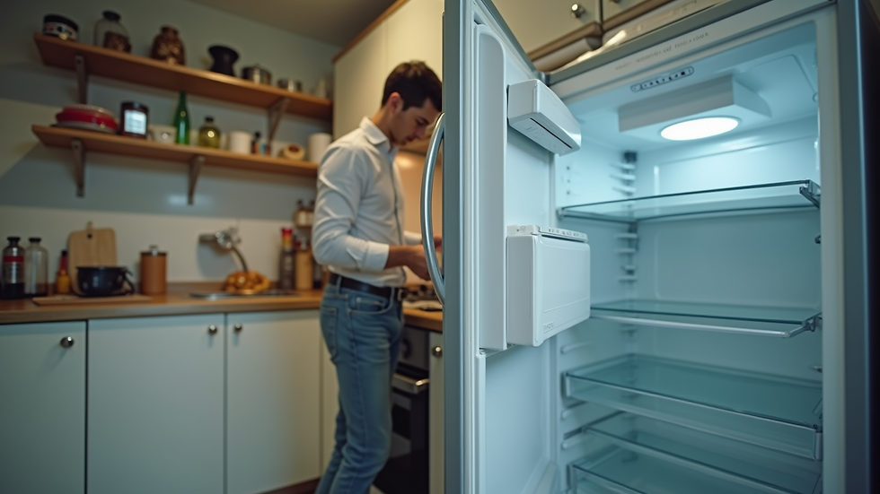 Eye-level view of a fridge freezer being repaired in a domestic kitchen
