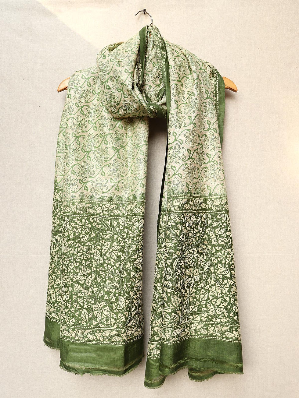 Kantha Embroidered Tussar Silk Beige And Green Dupatta