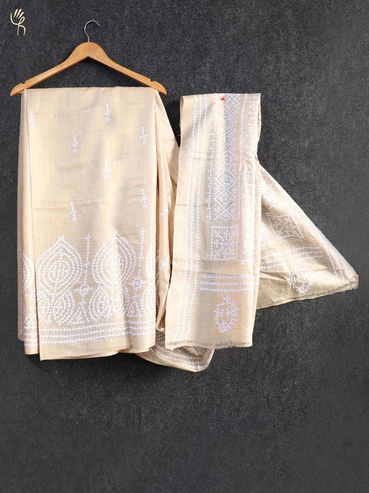 Kantha Embroidered Tussar Silk Beige Saree