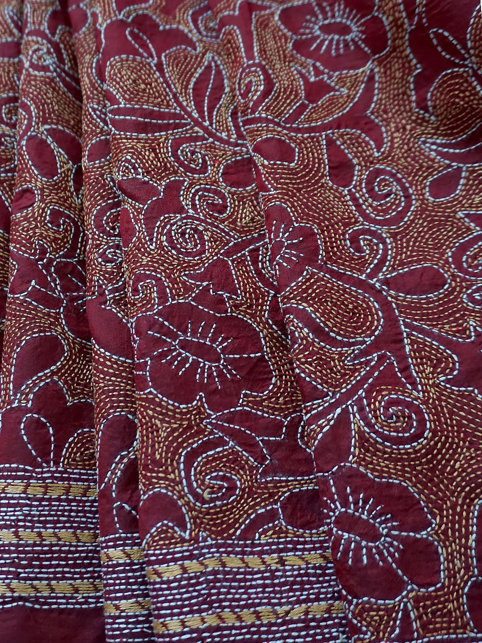 Thumbnail: Kantha Embroidered Silk Relief Saree (With Blouse Material)