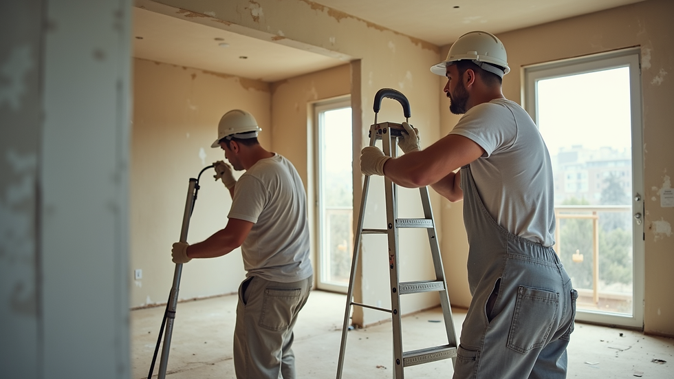 Close-up view of restoration workers applying drywall in a fire-damaged room