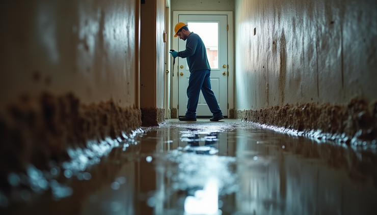 Eye-level view of a restoration specialist inspecting water damage in a residential basement