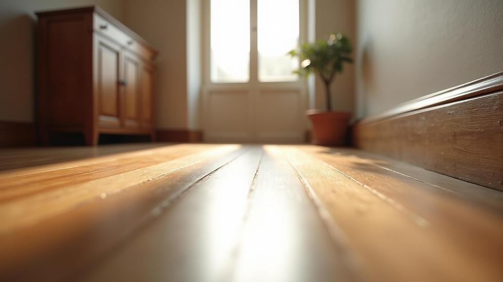 Eye-level view of refinished hardwood floor with natural light