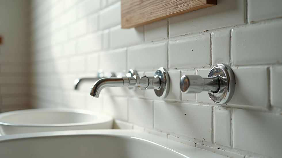 Close-up view of a bathroom renovation showing new tile work and fixtures