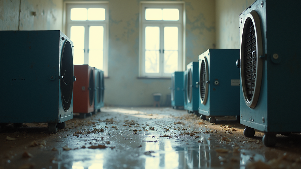 Close-up view of drying equipment and fans in a water-damaged room
