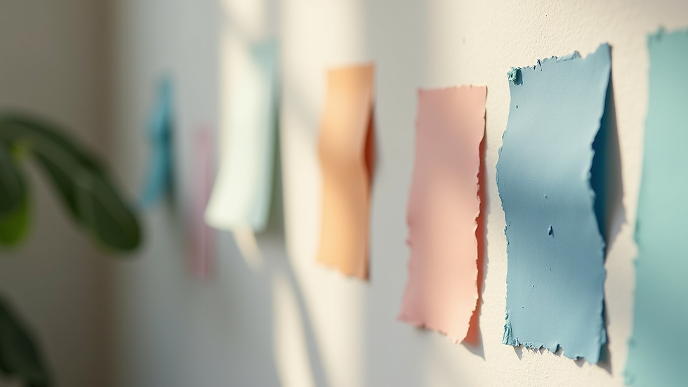 Close-up view of paint swatches on a wall