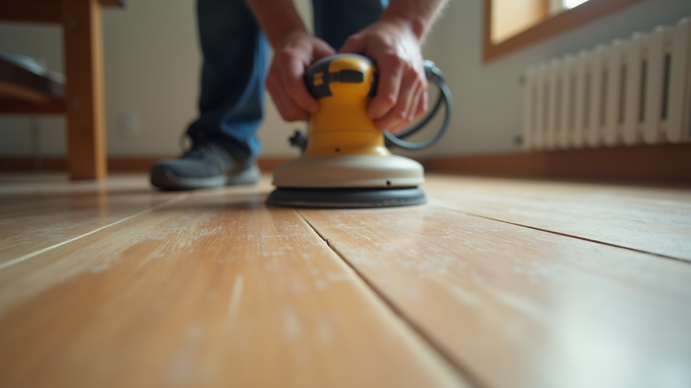 Close-up view of hardwood floor sanding process