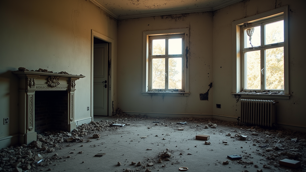 Eye-level view of a fire-damaged living room with smoke stains on walls