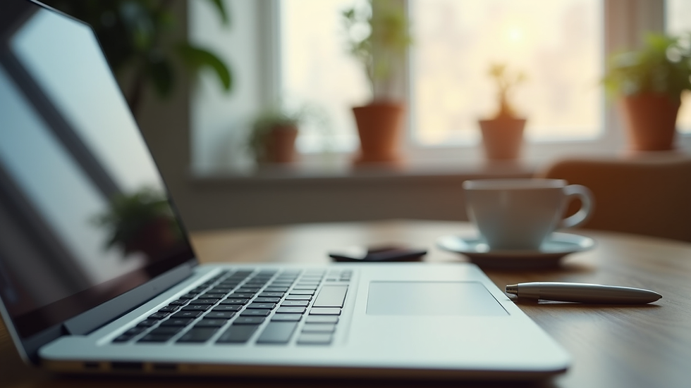 Eye-level view of a home office setup with laptop and coffee cup