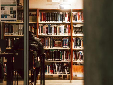 Back of a Man Sitting in an Illuminated Library