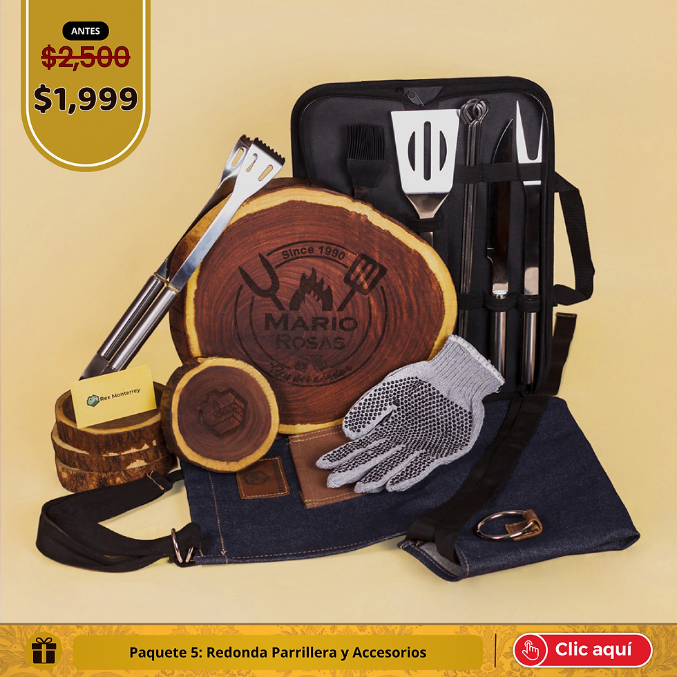 Paquete parrillero Tabla redonda de madera 35 cm con set de cuchillos y herramientas para parrilla.