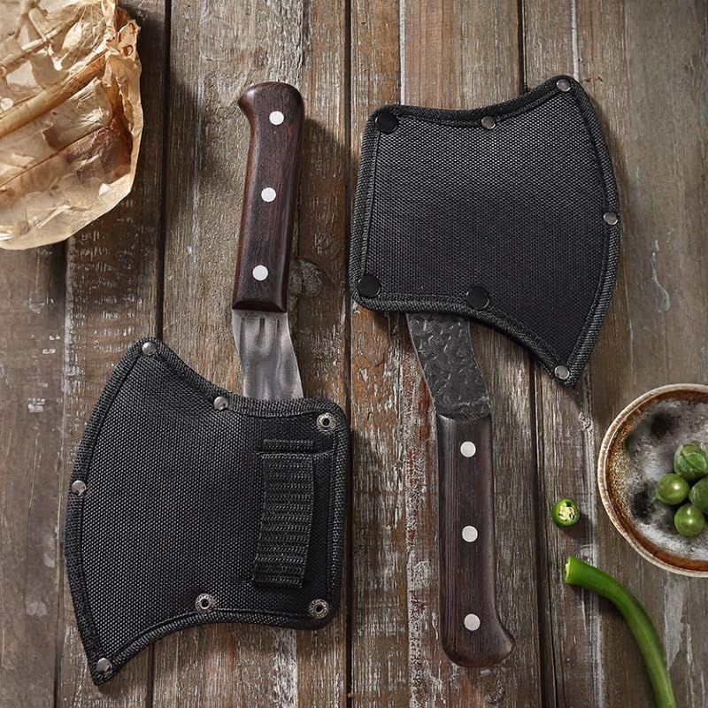 Miniatura: Cuchillo hacha parrillero sobre tabla de madera estilo parrilla