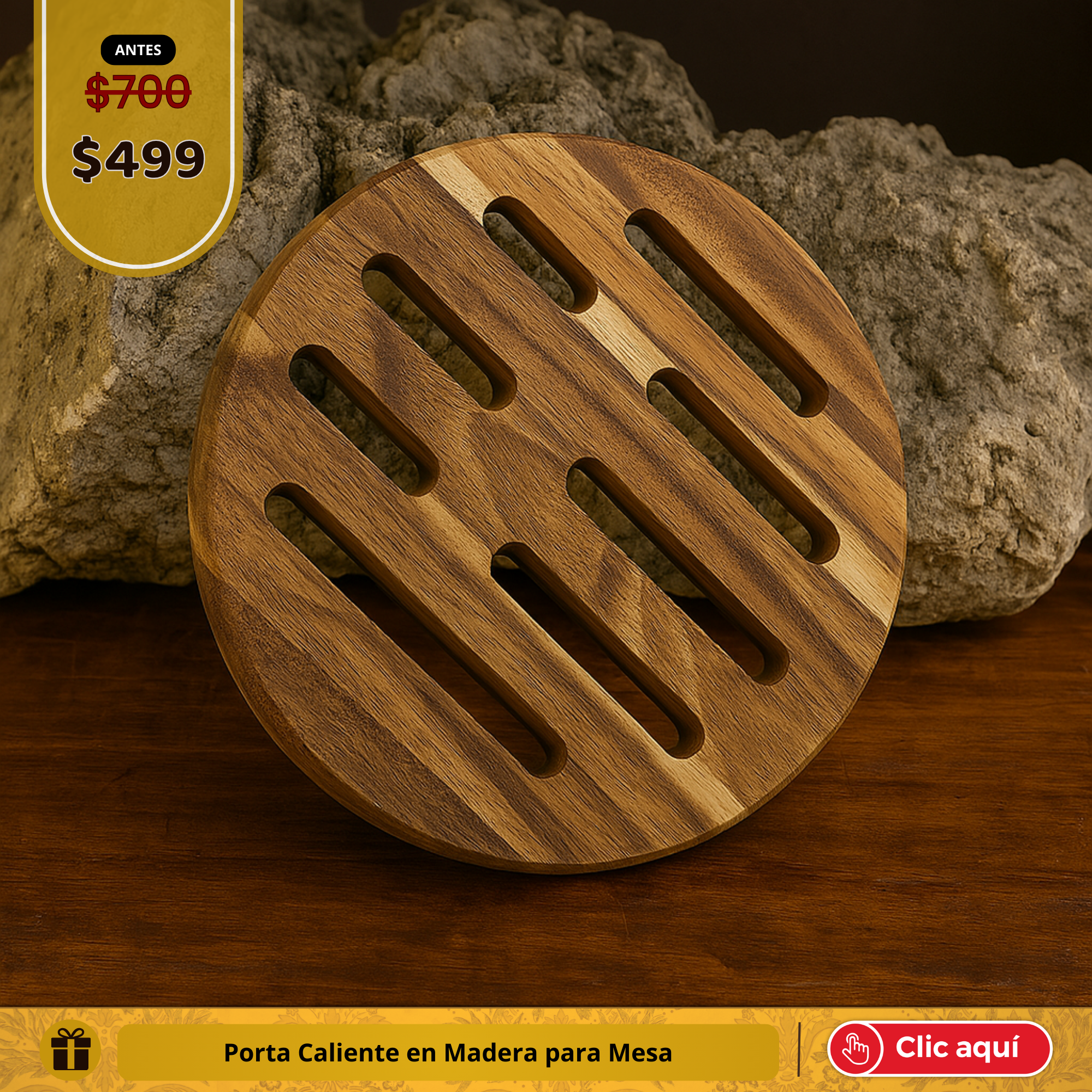 Porta caliente de madera de acacia, resistente al calor y con diseño elegante para cocina.