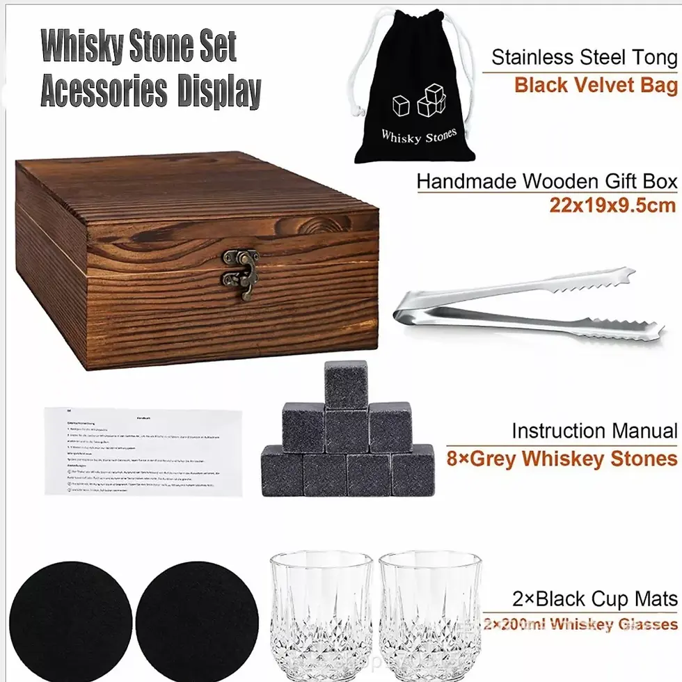 Miniatura: Piedras de granito para whisky con vasos escoceses en elegante caja de presentación.