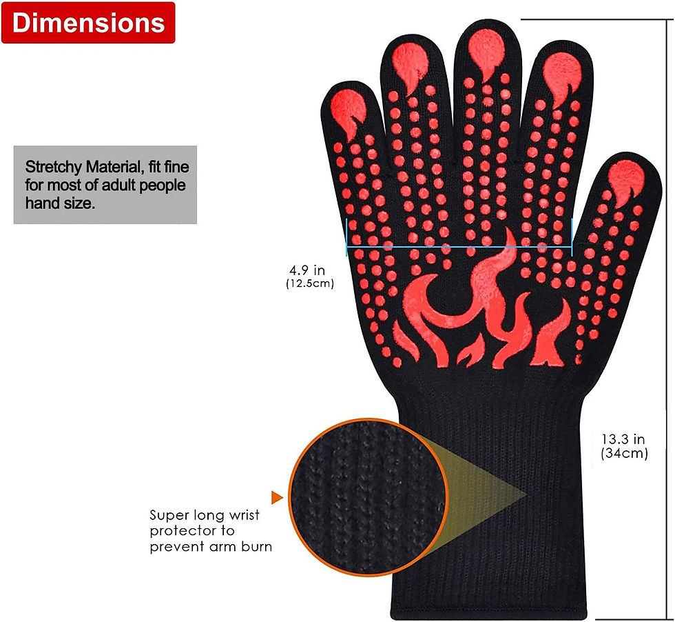 Miniatura: Guantes resistentes al calor de fibra de aramida con protección hasta 800 ºC para parrilla y cocina.