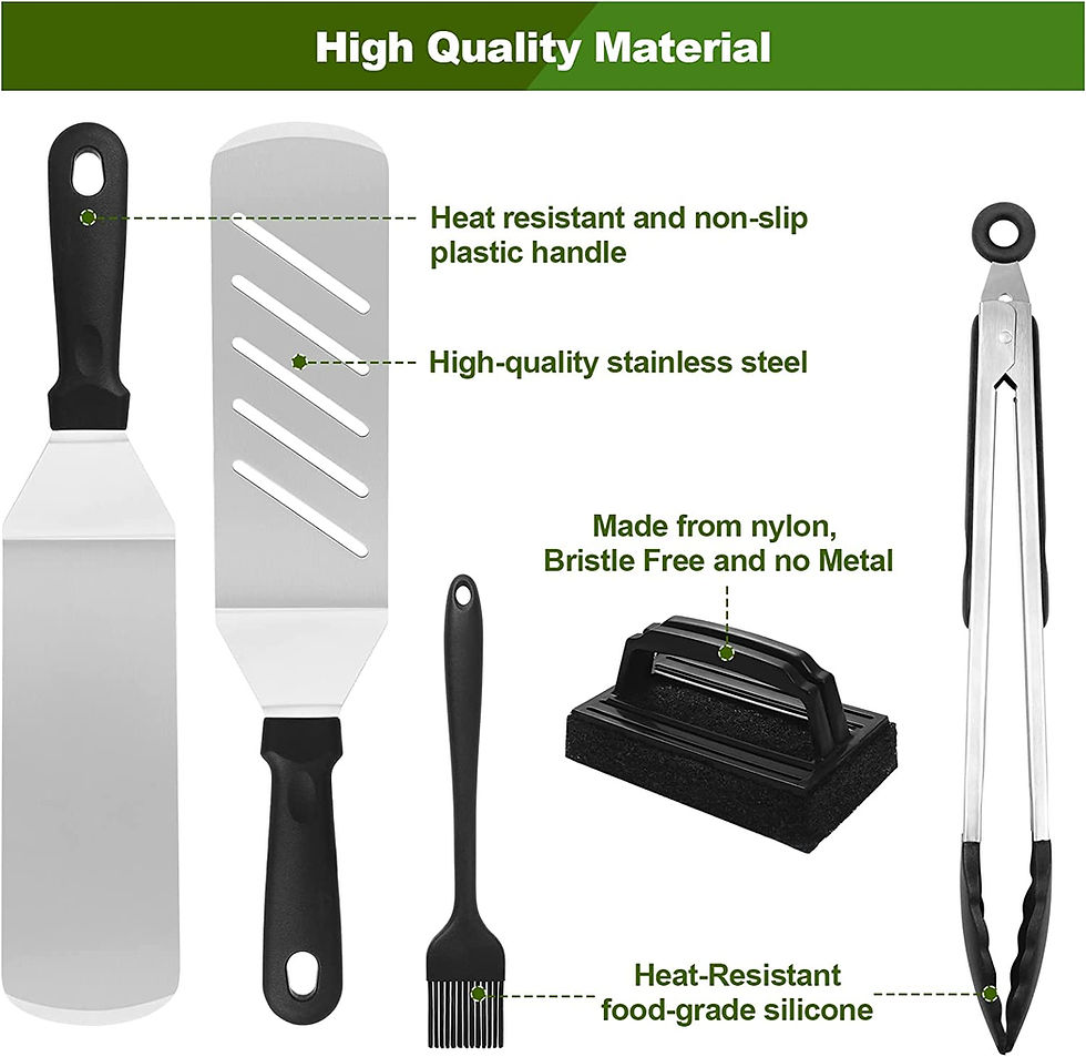 Set completo de herramientas parrilleras con espátulas, pinzas, brochas y más.