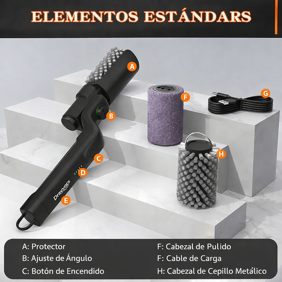 Miniatura: Cepillo eléctrico Rex con cabezales, cable de carga y botones identificados