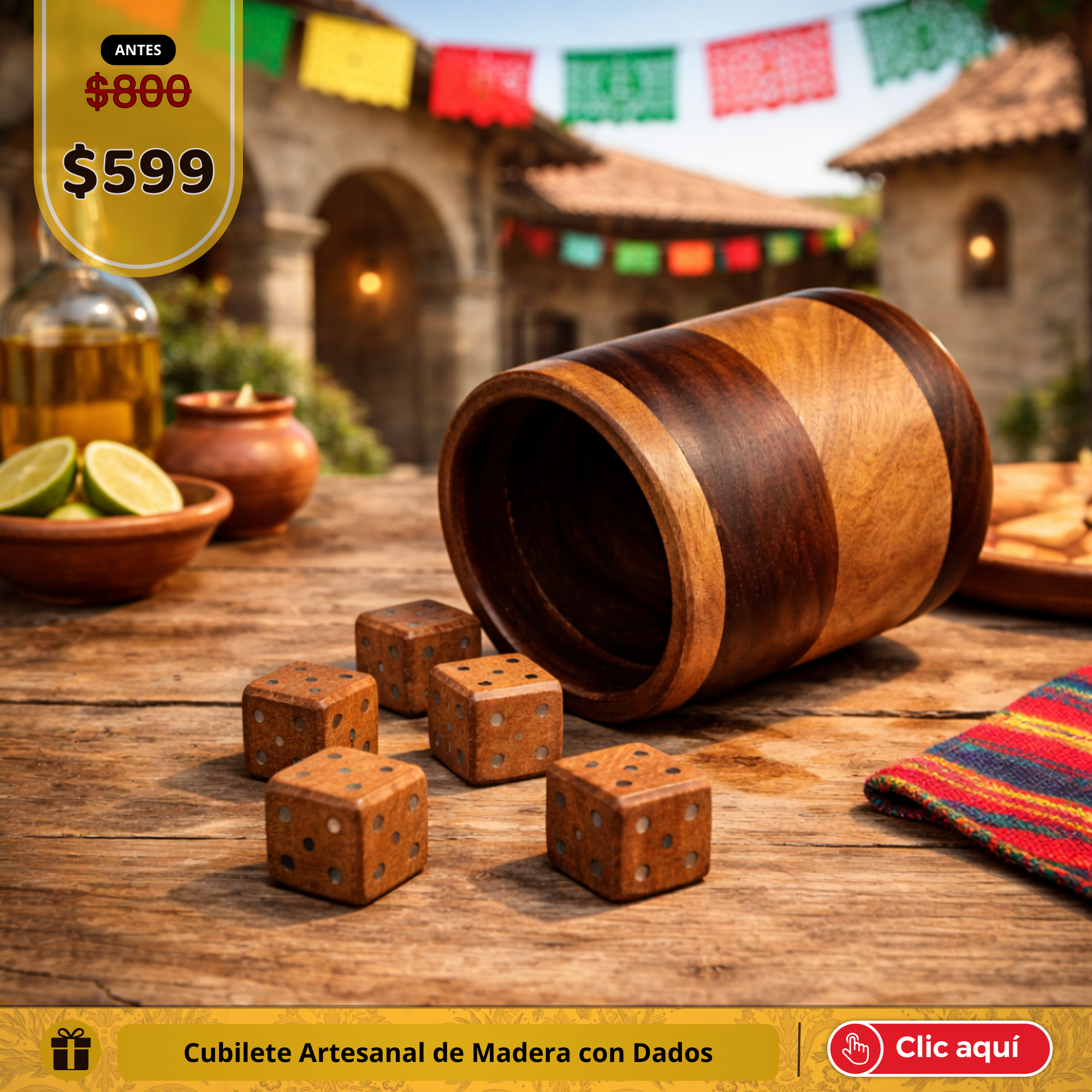 Cubilete rústico de madera con dados artesanales presentado en mesa exterior estilo mexicano